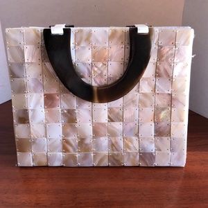 Excellent Vintage 60s Faux Mother of Pearl Tile Tortoise Handle Satin Handbag